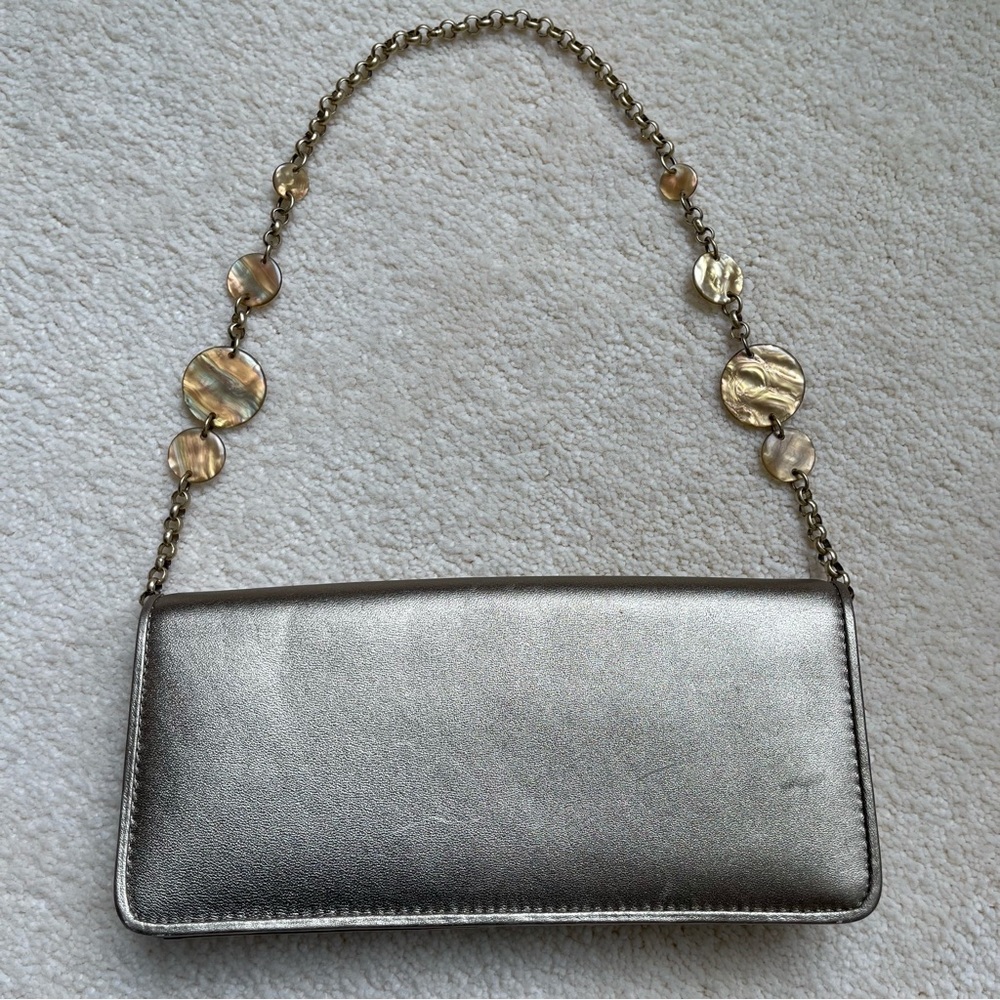 Ann Taylor Leather Handbag/Clutch Gold Chain With Mother Of Pearl Discs - Picture 7 of 15